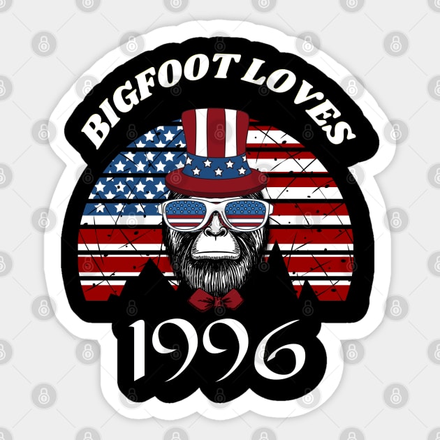 Bigfoot loves America and People born in 1996 Sticker by Scovel Design Shop